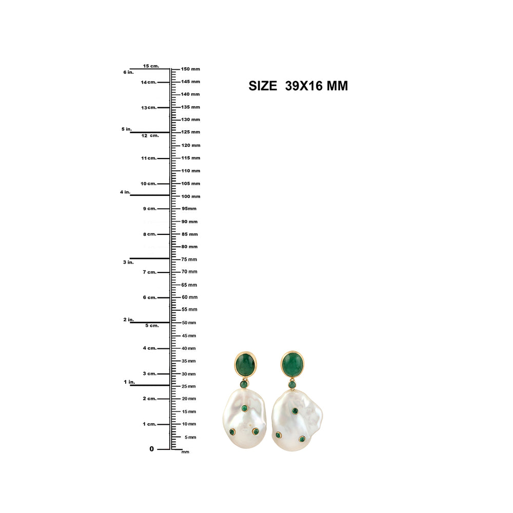 Pearl Chinese Bezel Emerald Gemstone Dangle Earrings In 18k Yellow Gold