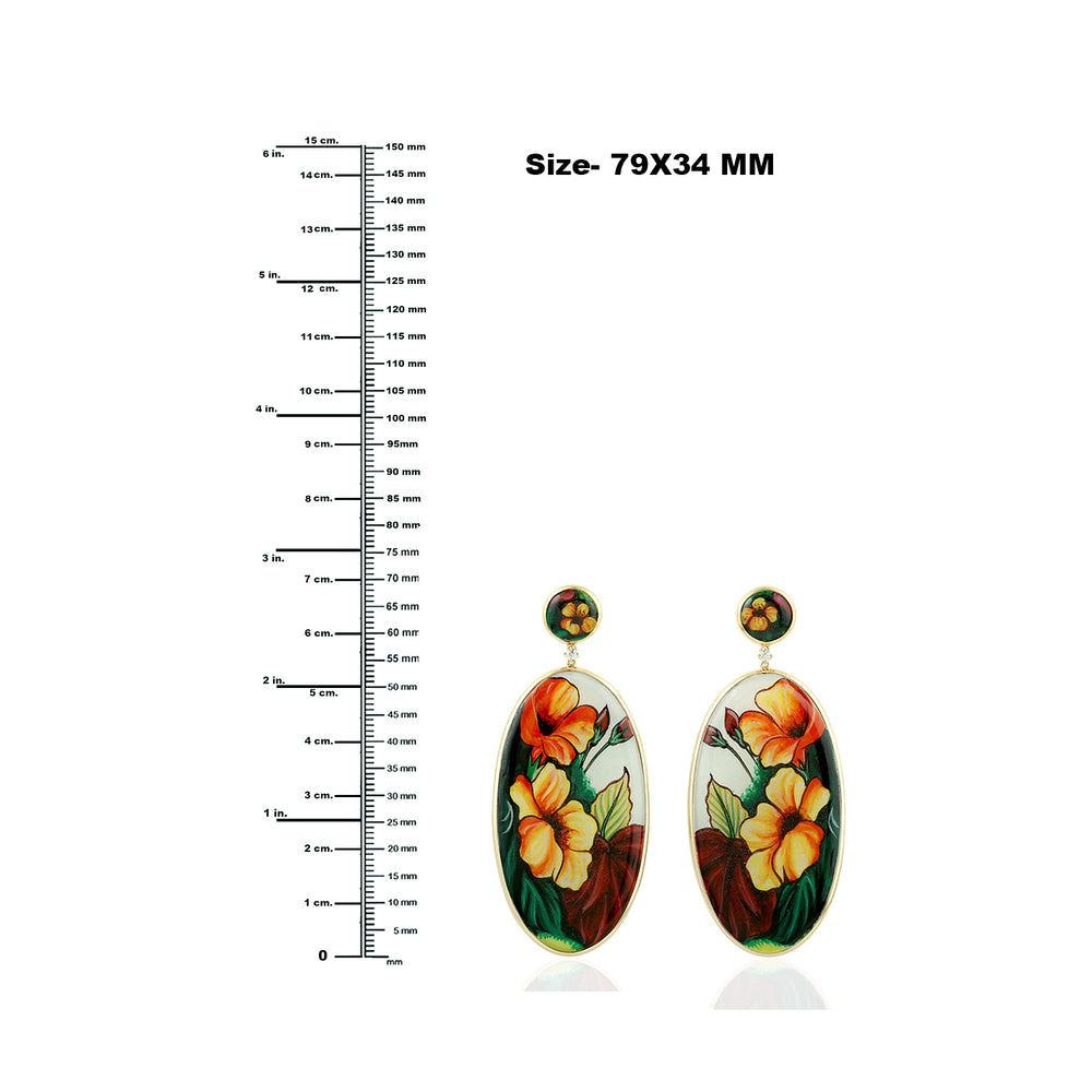 Picture Bakelite Prong Diamond Flower Dangle Earrings In 18k Yellow Gold