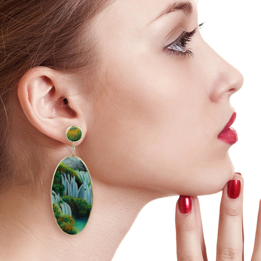 Waterfall Landscape Bakelite & Diamond Oval Drop Earrings in 18K Yellow Gold