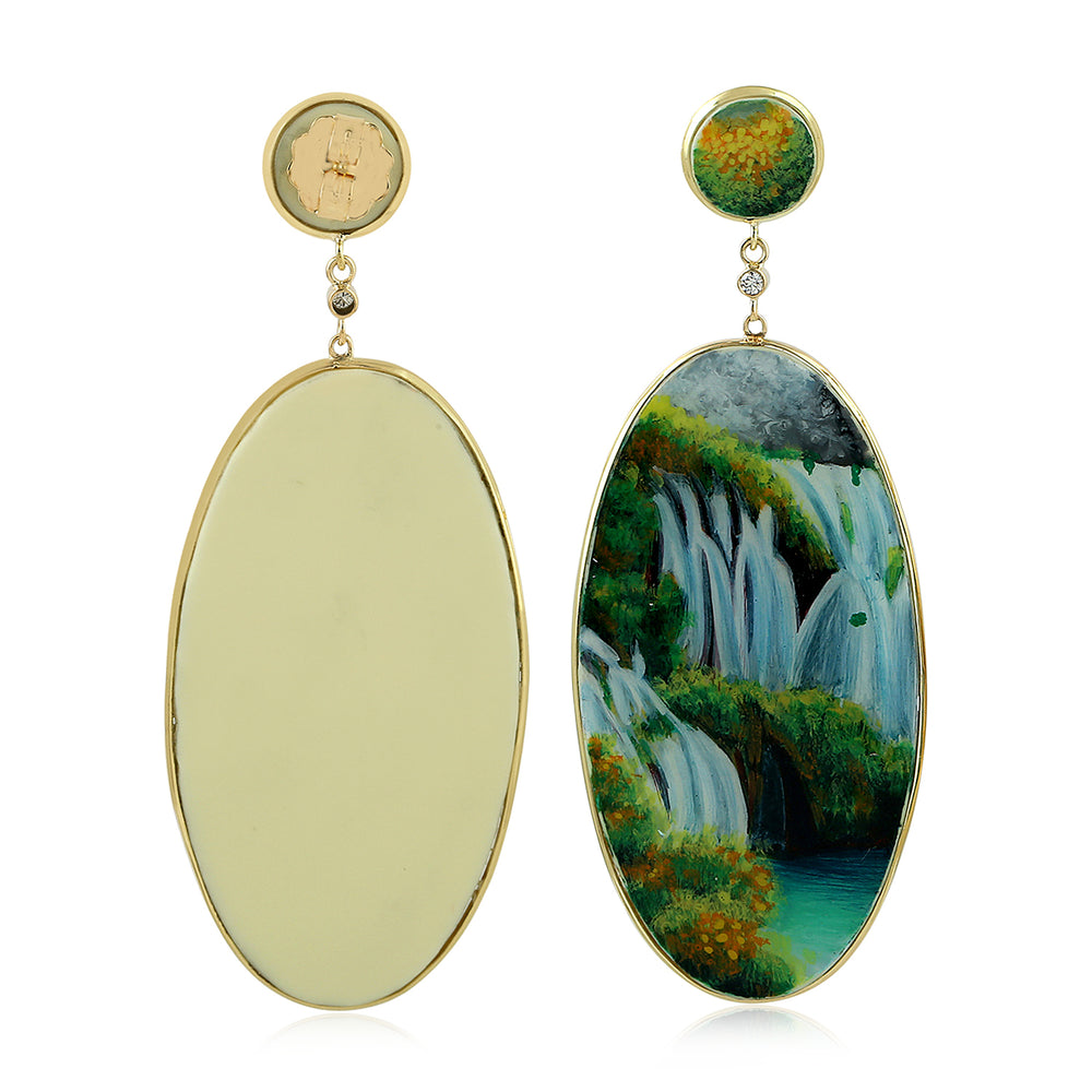 Waterfall Landscape Bakelite & Diamond Oval Drop Earrings in 18K Yellow Gold