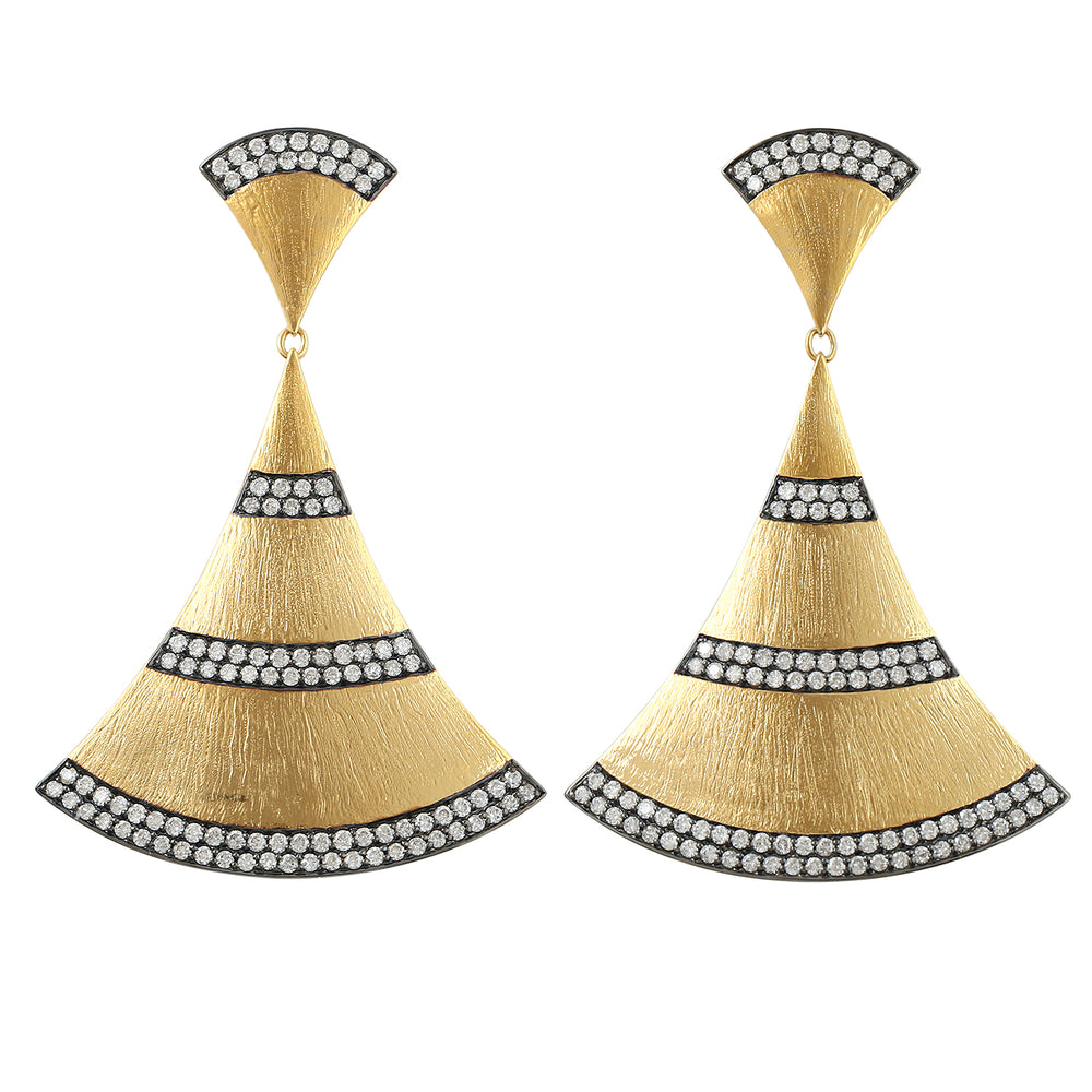 Natural Diamond Pave 10K Yellow Gold Fan Danglers Earrings Fine Gifts For Her