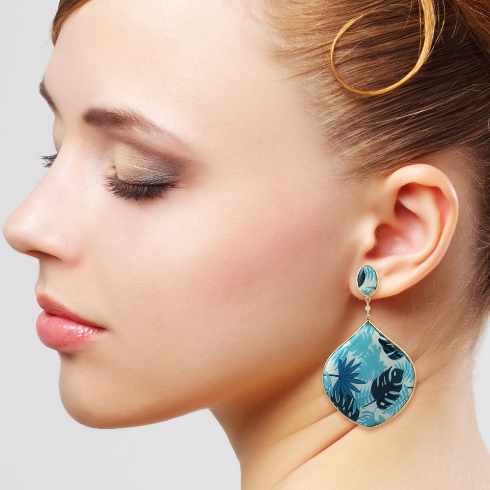 MOP Tropical Leaf Enamel Prong Diamond Drop Earrings in 18K Yellow Gold