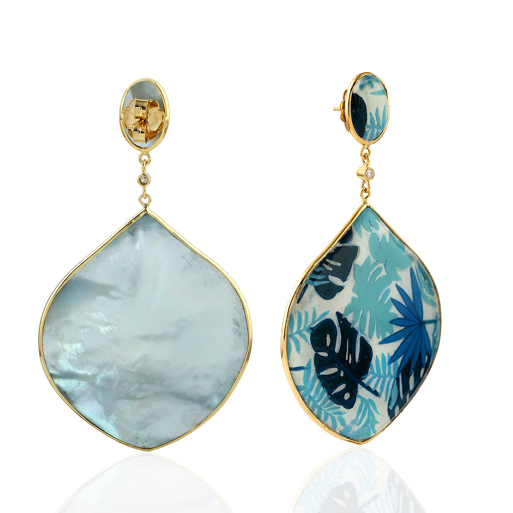 MOP Tropical Leaf Enamel Prong Diamond Drop Earrings in 18K Yellow Gold