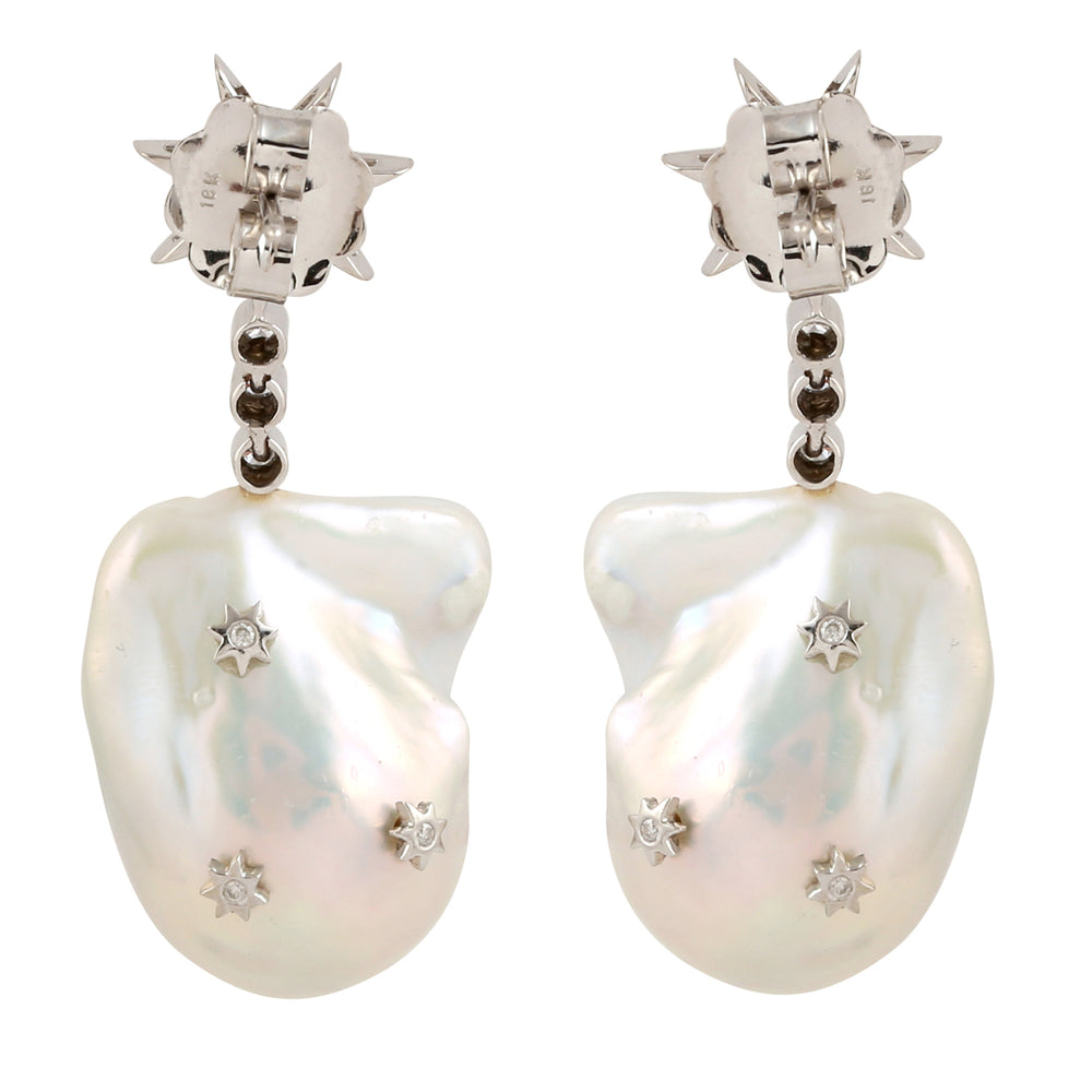 18k White Gold Star Design Dangle Earrings Pearl Jewelry