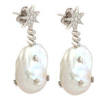 18k White Gold Star Design Dangle Earrings Pearl Jewelry