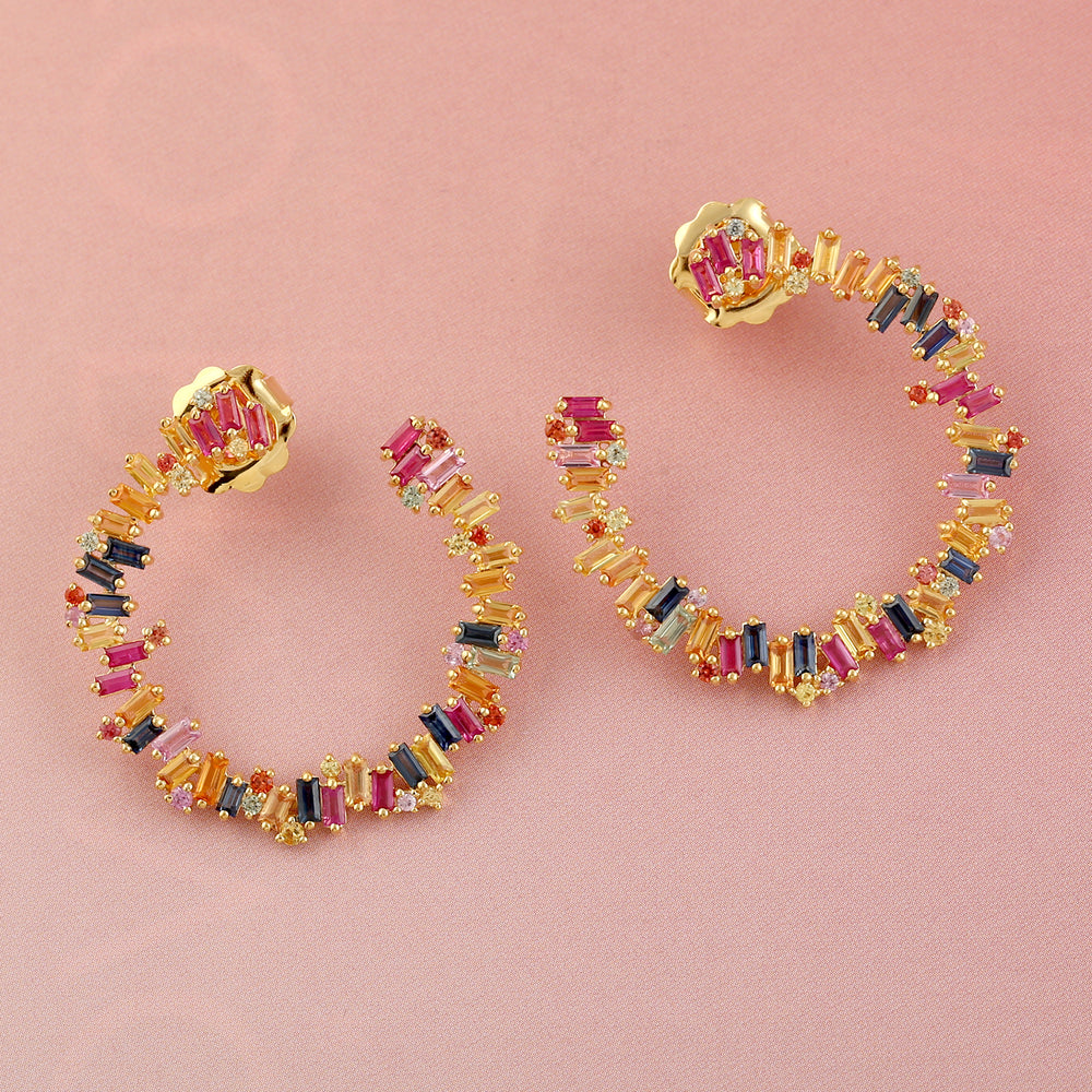 Baguette Cut Multi Sapphire Prong Ruby Gemstone Open Hoop Earrings In Gold