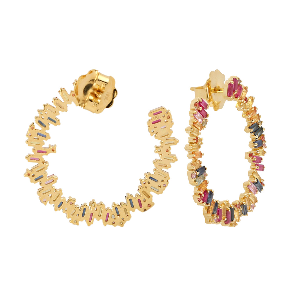 Baguette Cut Multi Sapphire Prong Ruby Gemstone Open Hoop Earrings In Gold