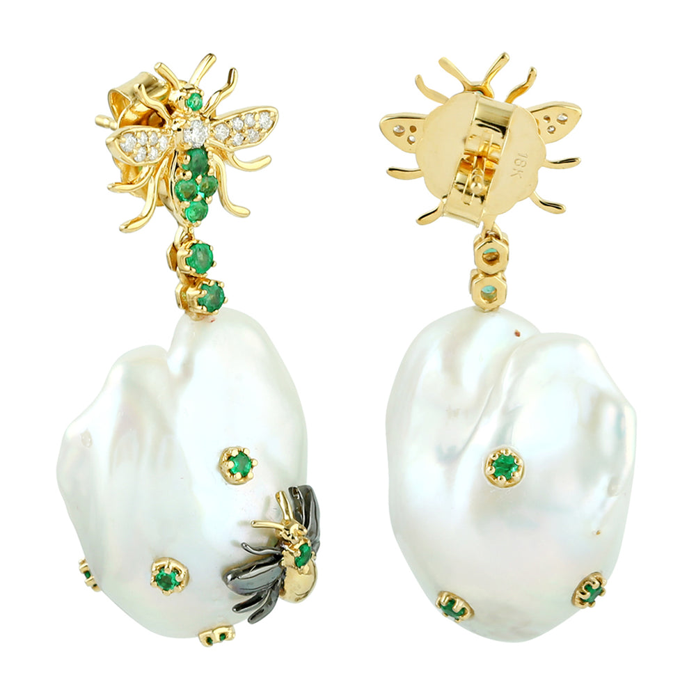 Natural Emerald Diamond Pearl Chinese Housefly Design Danglers In 18k Yellow Gold