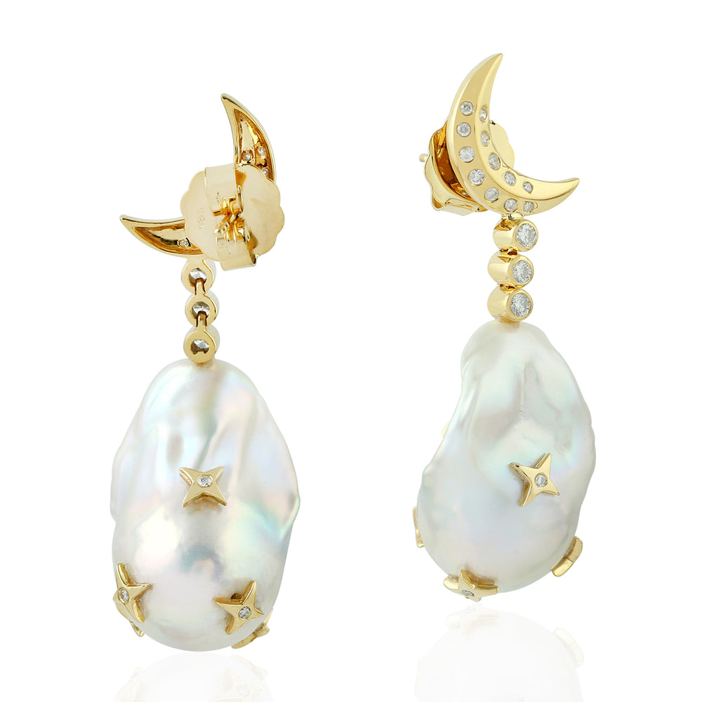 Crescent Moon Pave Diamond Pearl Chinese Nugget Danglers In 18k Yellow Gold