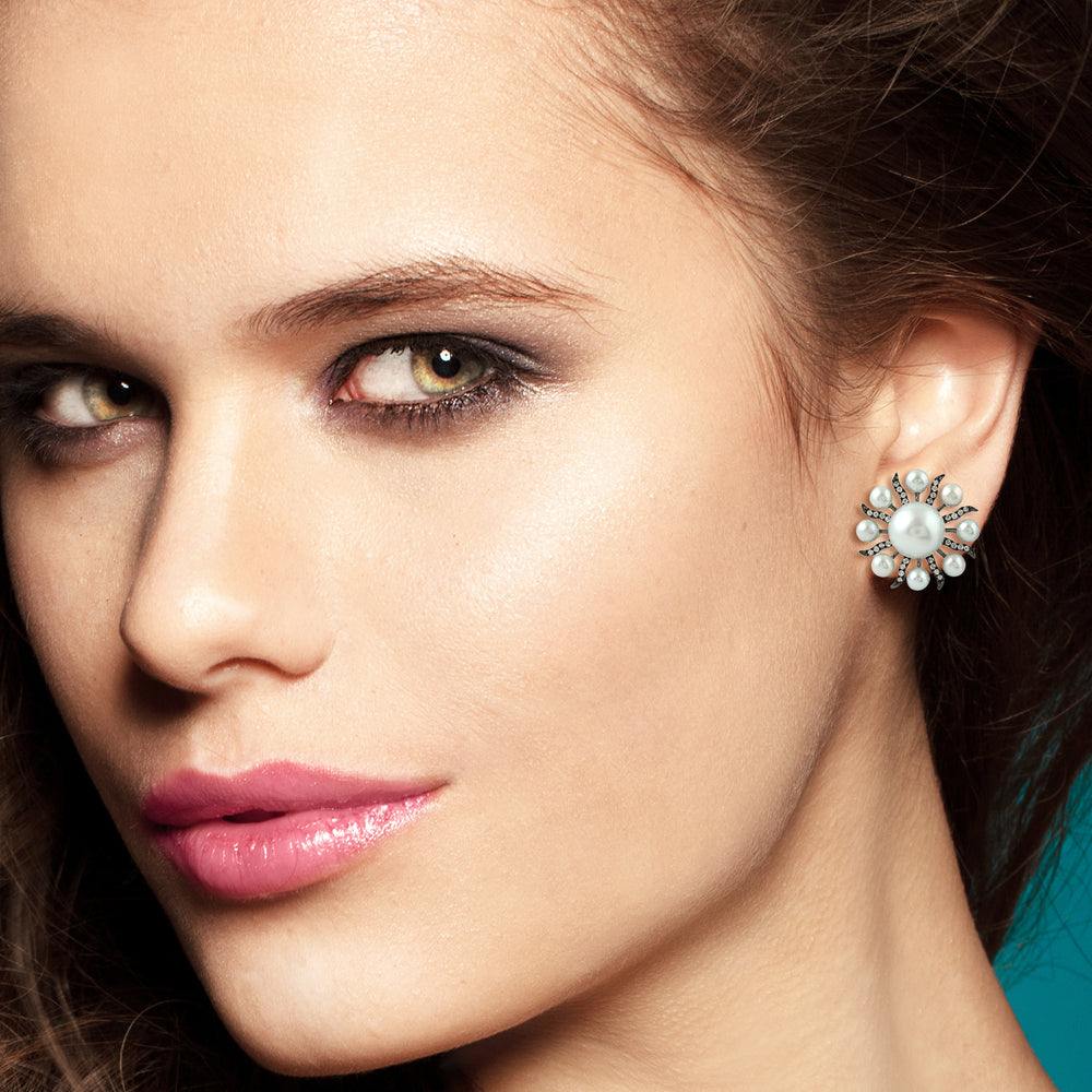 White Pearl & Diamond Sunburst Stud Earrings in 18K Oxidized Gold