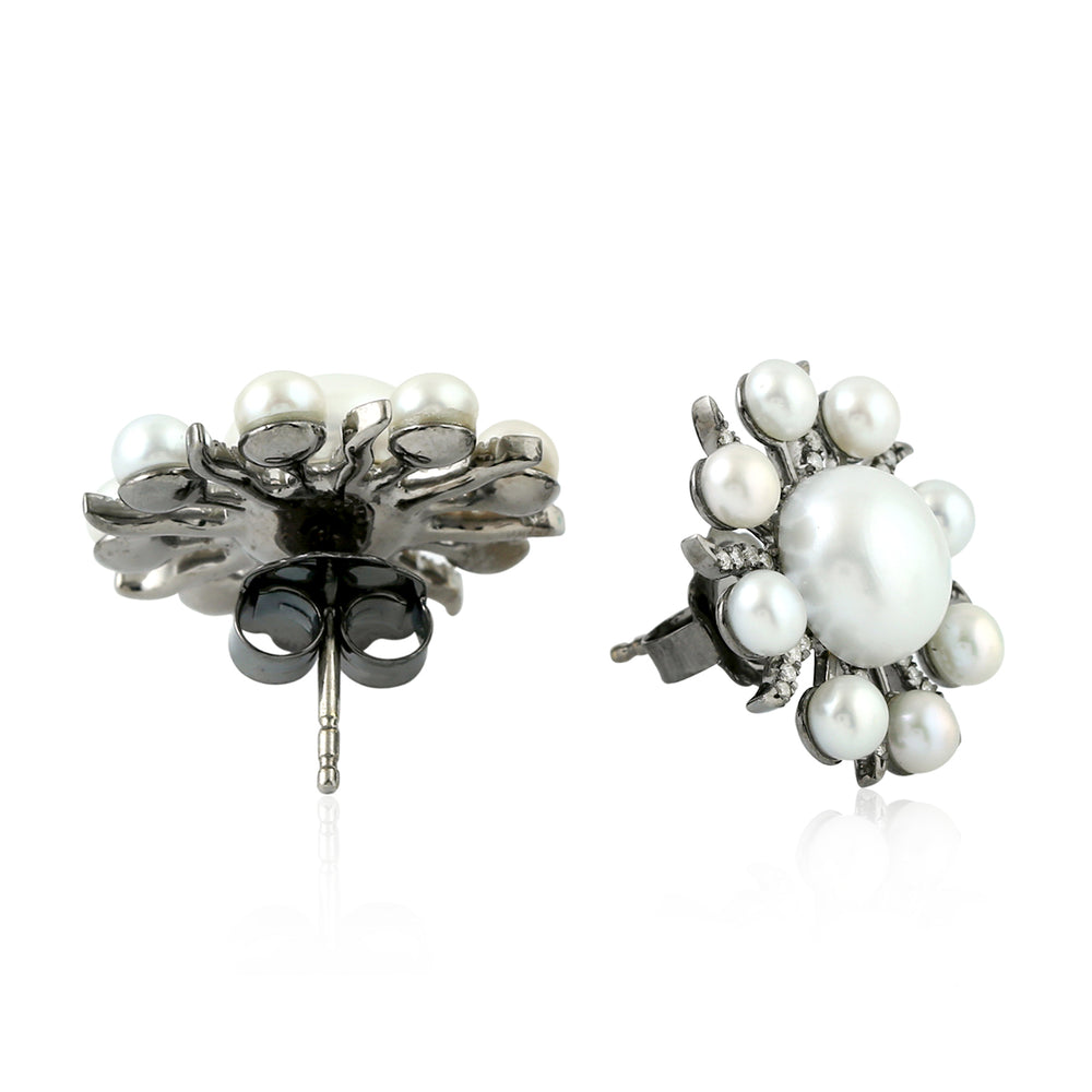 White Pearl & Diamond Sunburst Stud Earrings in 18K Oxidized Gold