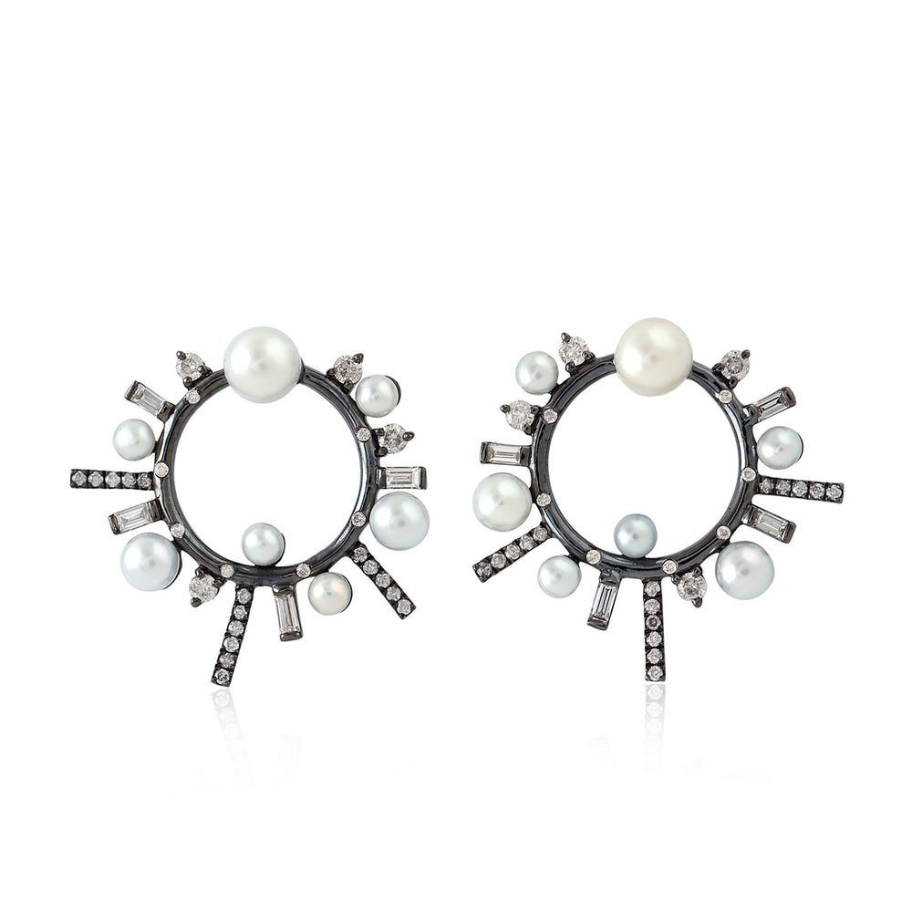 Black Rhodium Diamond & Pearl Starburst Circle Stud Earrings in 18K Gold