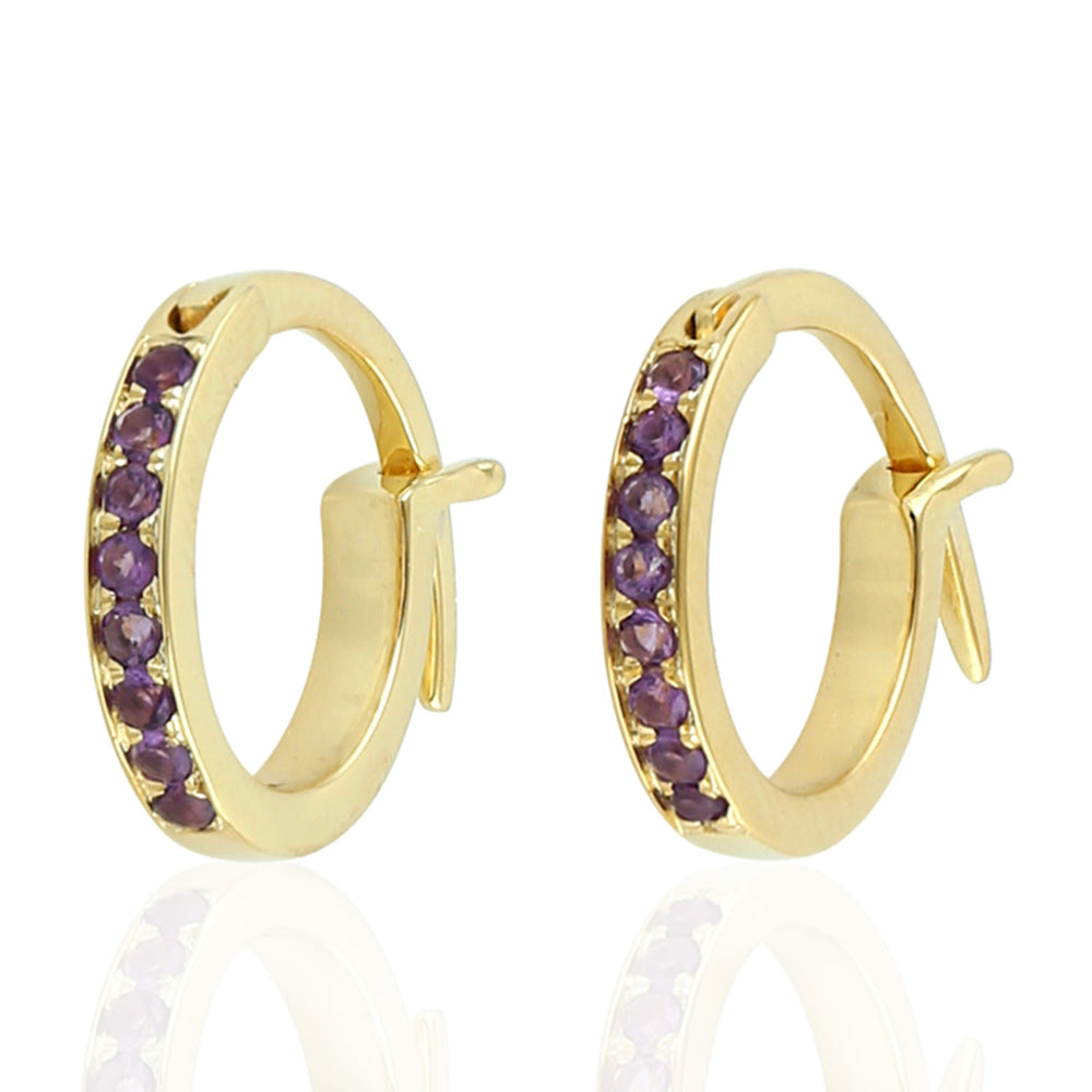 Pave Amethyst Gemstone Huggie Hoop Earrings in 14K Yellow Gold