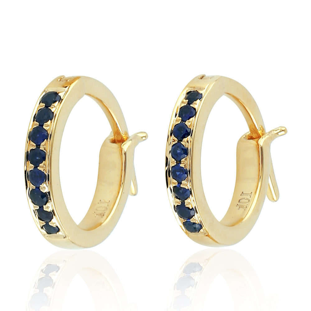 10K Yellow Gold Pave Blue Sapphire Gemstone Huggies Earrings