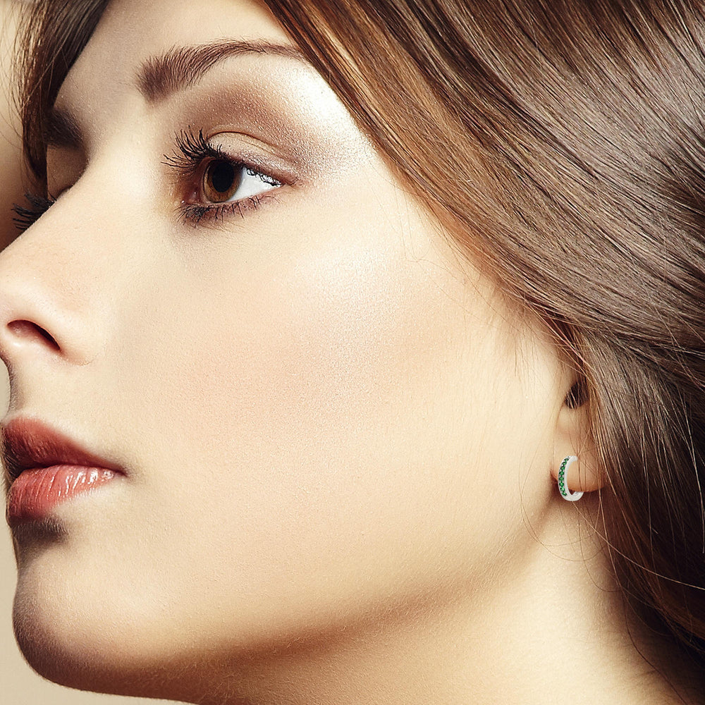 Micro Pave Emerald Huggies Earrings Made In 10K White Gold