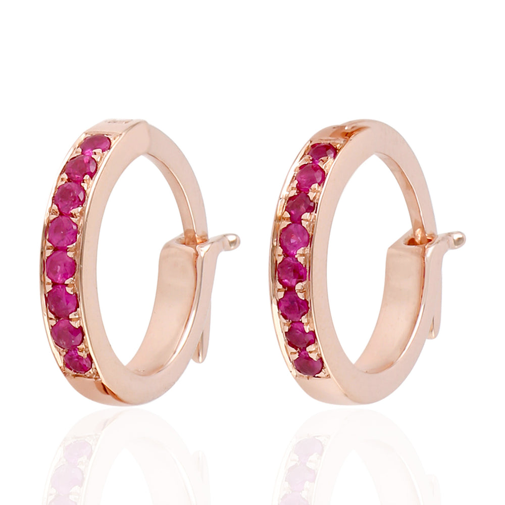 10K Rose Gold Pave Ruby Gemstone Huggie Earrings For Her