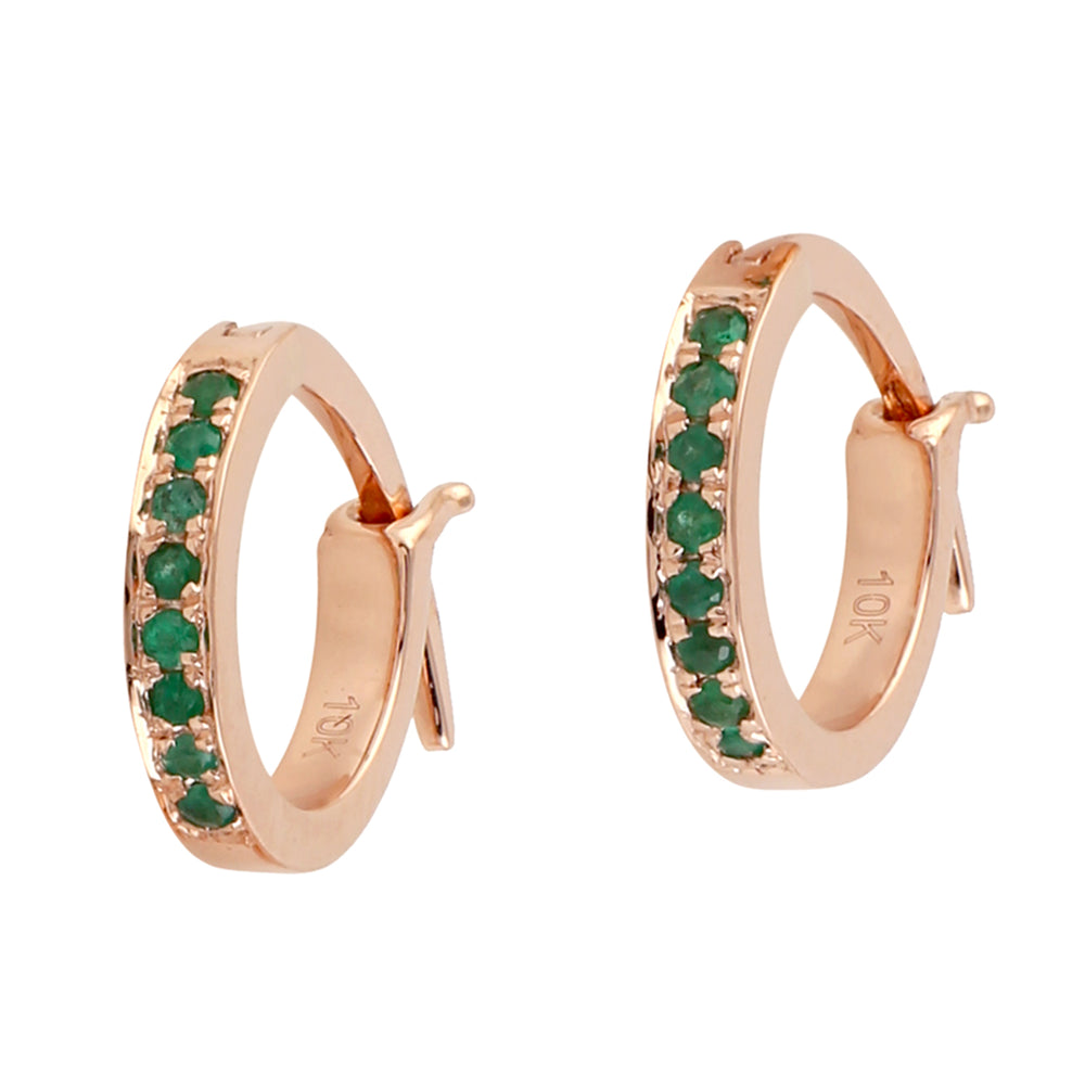 10K Rose Gold Pave Emerald Gemstone Huggies Earrings