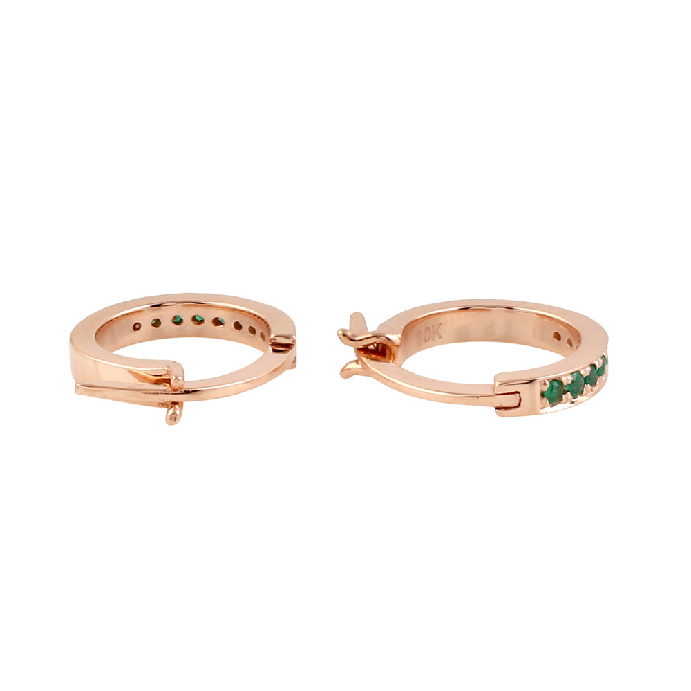 10K Rose Gold Pave Emerald Gemstone Huggies Earrings