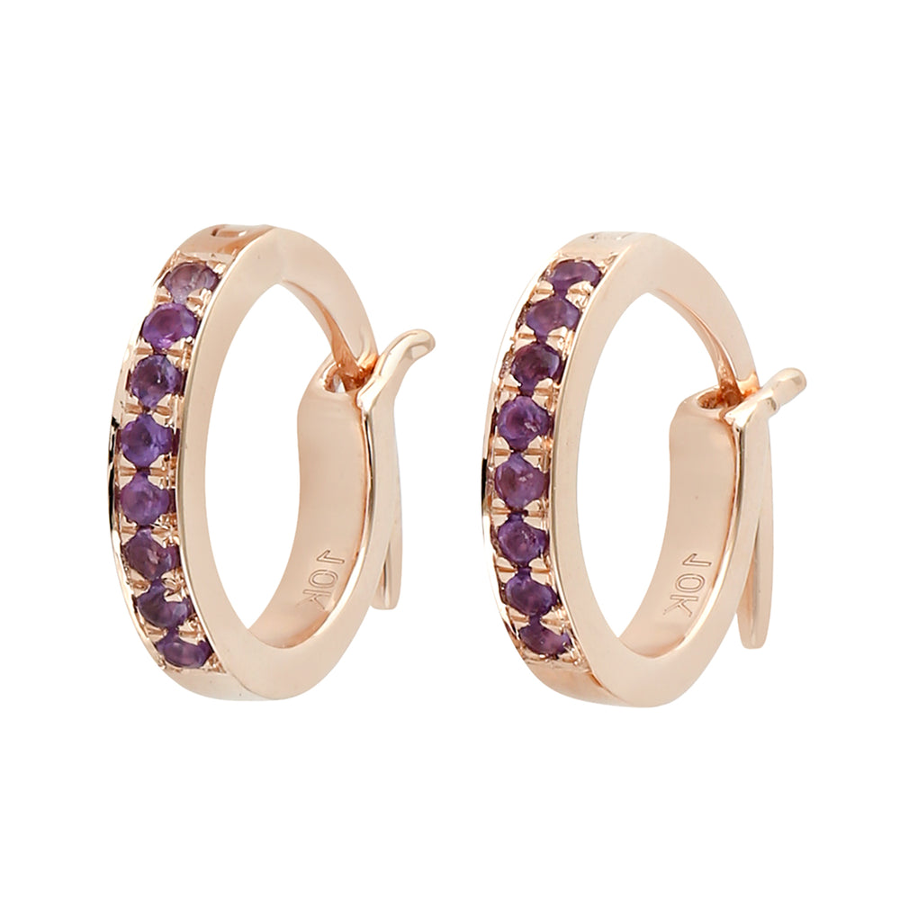 10K Rose Gold Pave Amethyst Gemstone Mini Huggie Earrings For Her