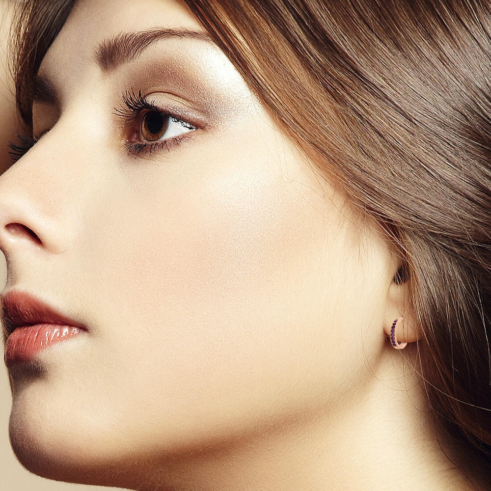 10K Rose Gold Pave Amethyst Gemstone Mini Huggie Earrings For Her