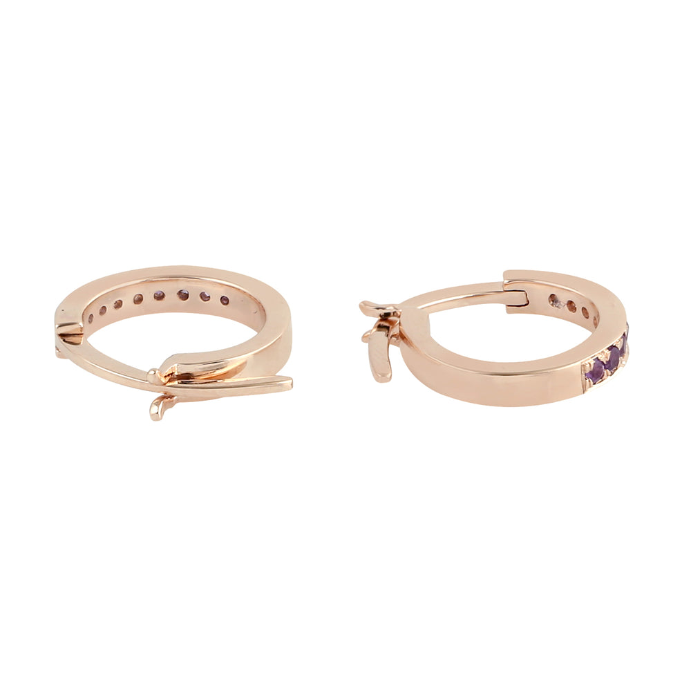 10K Rose Gold Pave Amethyst Gemstone Mini Huggie Earrings For Her