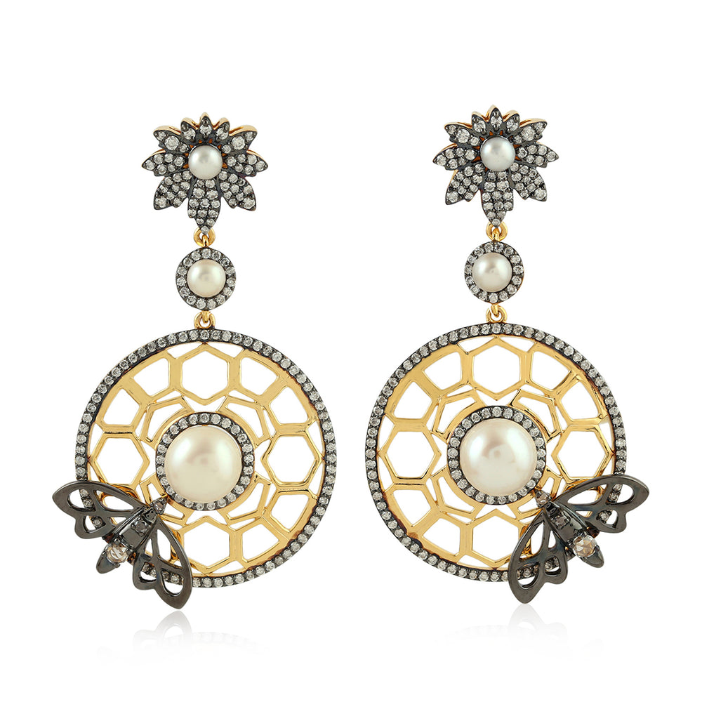 18K Yellow Oxidized Gold Bezel Pearl Pave Diamond Butterfly Honeycomb Fauna Danglers