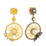 18K Yellow Oxidized Gold Bezel Pearl Pave Diamond Butterfly Honeycomb Fauna Danglers