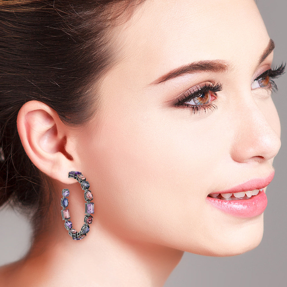 Pink Tourmaline Amethyst Iolite Gemstone Hoop Earrings In 18K White Gold