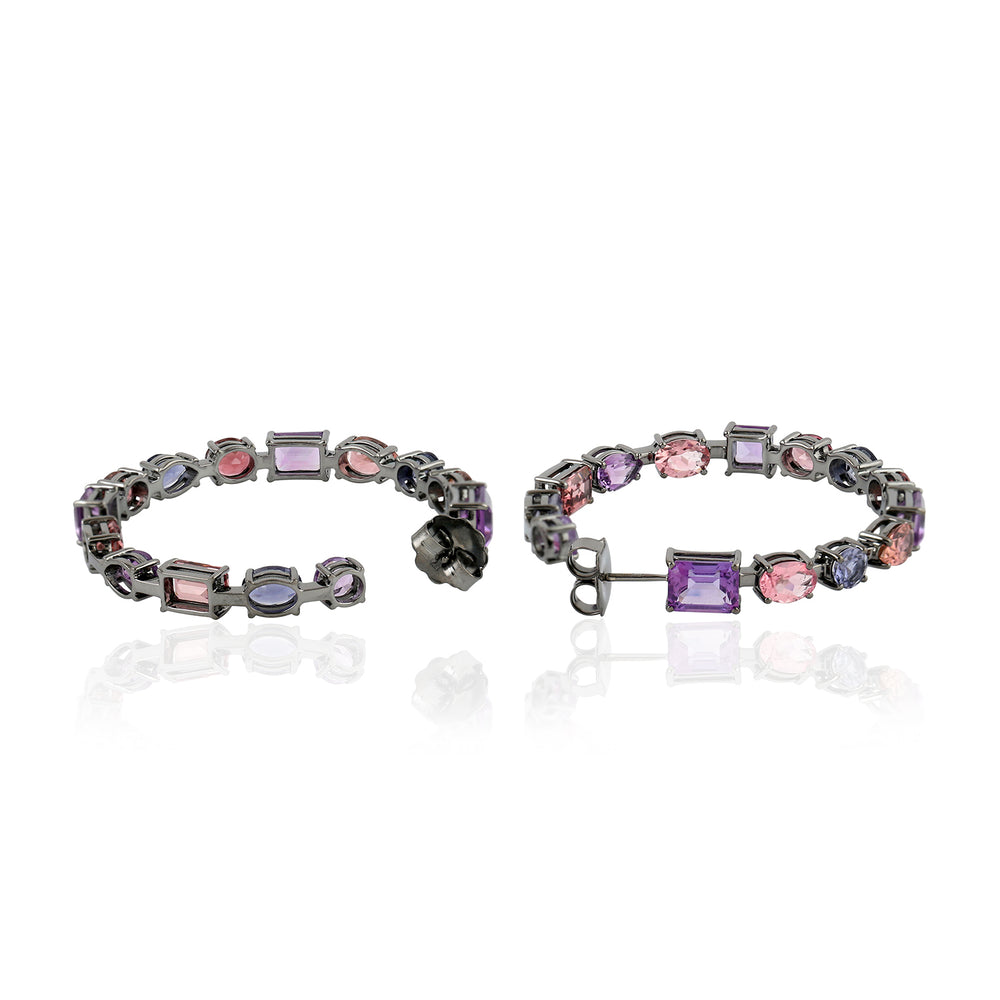 Pink Tourmaline Amethyst Iolite Gemstone Hoop Earrings In 18K White Gold