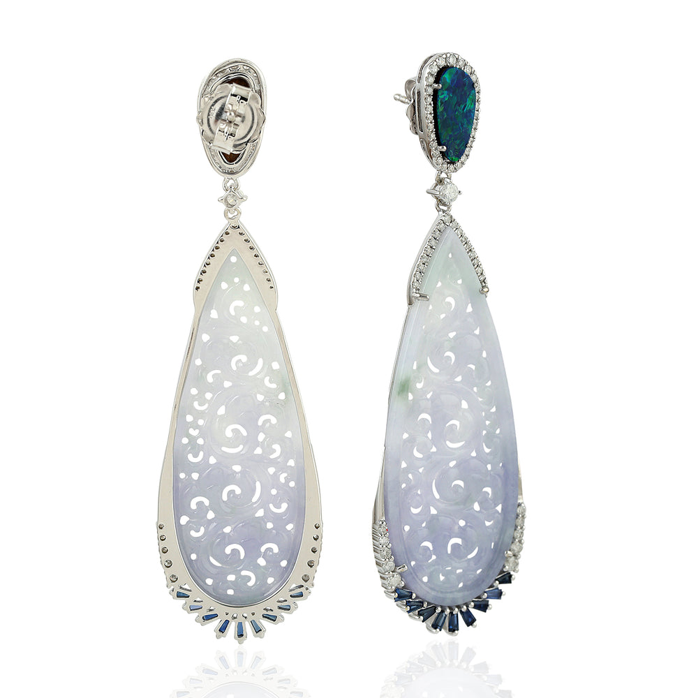 Carved Jade Baguette Sapphire Oval Opal Prong Diamond 18K White Gold Drop Danglers For Women