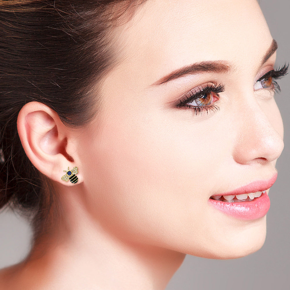 Blue Sapphire Pave Diamond Enamel Bee Stud Earrings In Yellow Gold