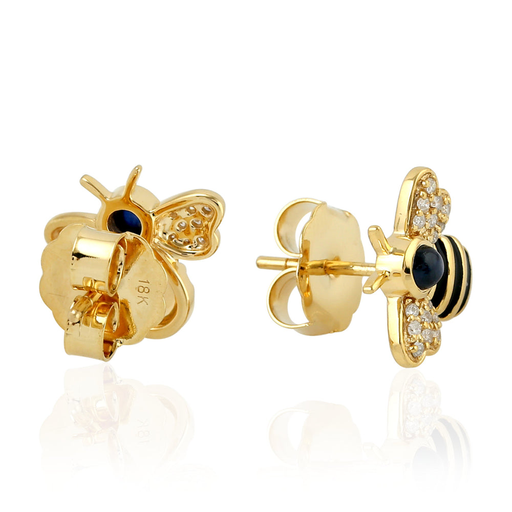 Blue Sapphire Pave Diamond Enamel Bee Stud Earrings In Yellow Gold