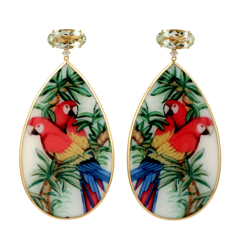 Green Amethyst Prong Diamond Picture Bakelite Drop Dangler In 18K Yellow Gold