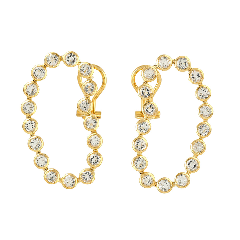 Bezel Set White Topaz Gemstone Unique Stud Earrings In 18K Yellow Gold