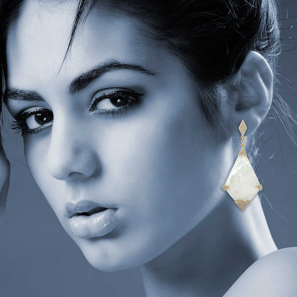 Fancy Cut MOP Micro Pave Diamond Designer Dangler In 18K Yellow Gold