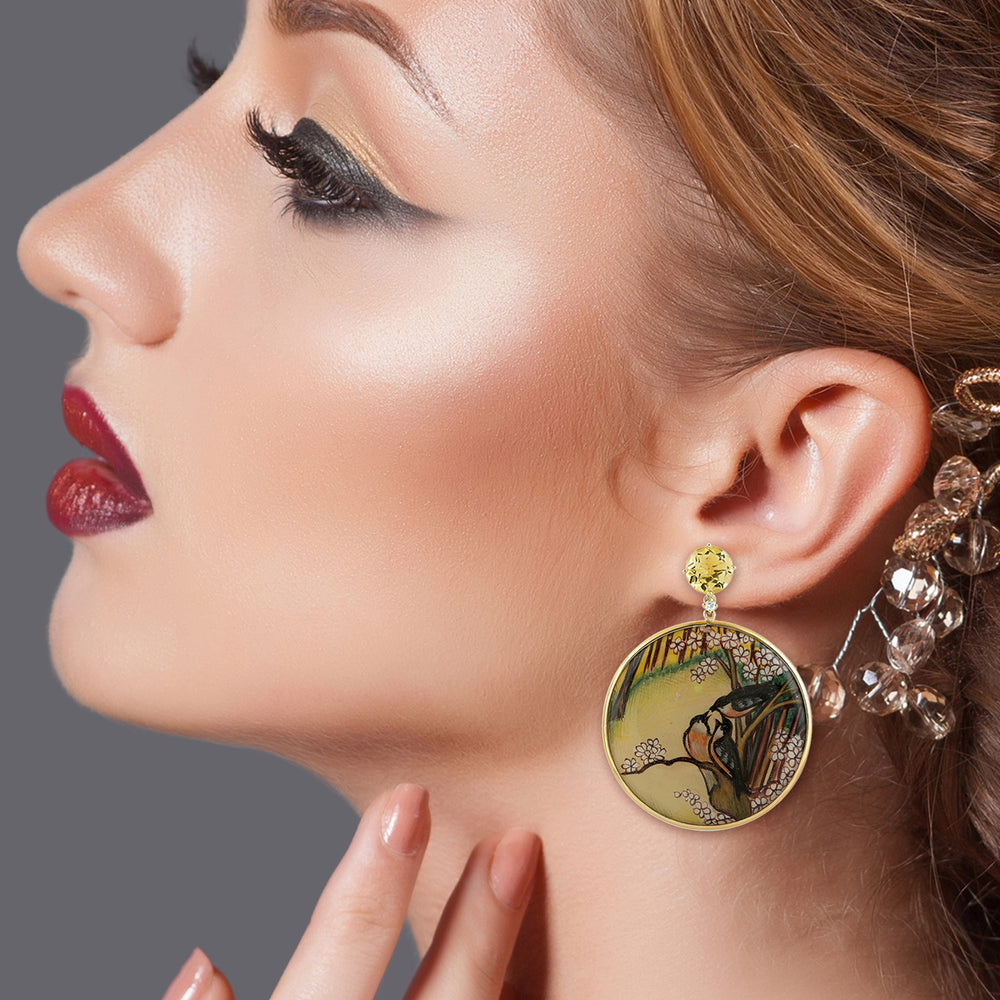 Picture Bakelite Prong Citrine Diamond Bird Dangle Earrings In 18K Yellow Gold