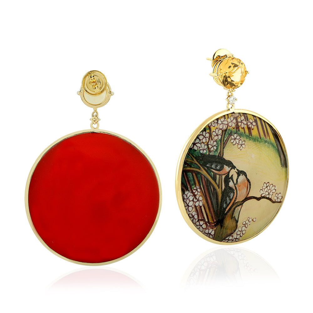 Picture Bakelite Prong Citrine Diamond Bird Dangle Earrings In 18K Yellow Gold