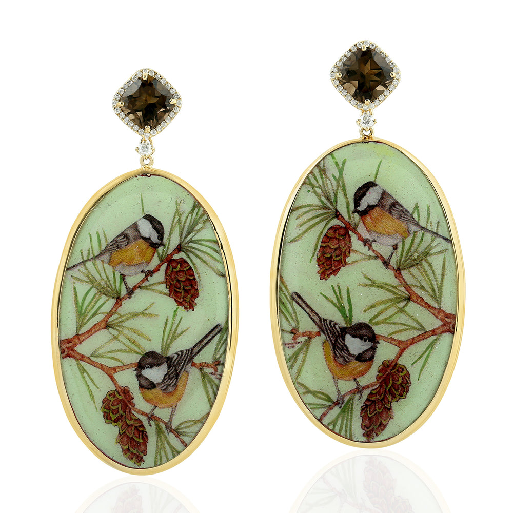 Smokey Quartz Pave Diamond Bakelite Bird Dangler In 18k Yellow Gold