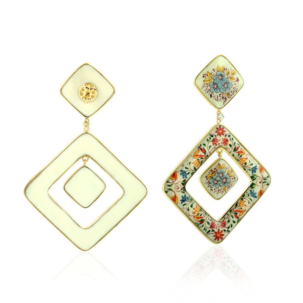 Picture Bakelite Prong Diamond Square Cut Dangler In 18K Yellow Gold