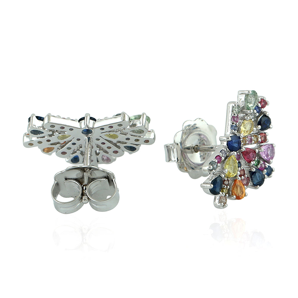 18K White Gold Prong Multi Sapphire Gemstone Designer Stud Earrings
