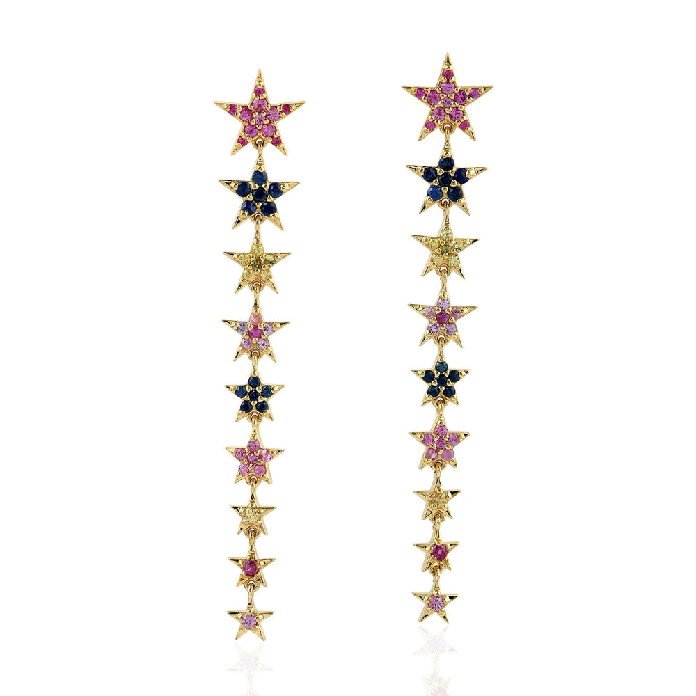 Multi Sapphire Gemstone Rainbow Star Long Drop Earrings In Yellow Gold