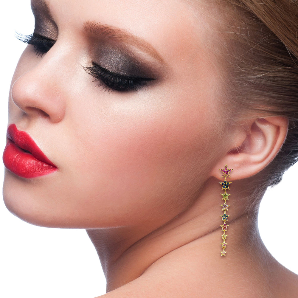 Multi Sapphire Gemstone Rainbow Star Long Drop Earrings In Yellow Gold