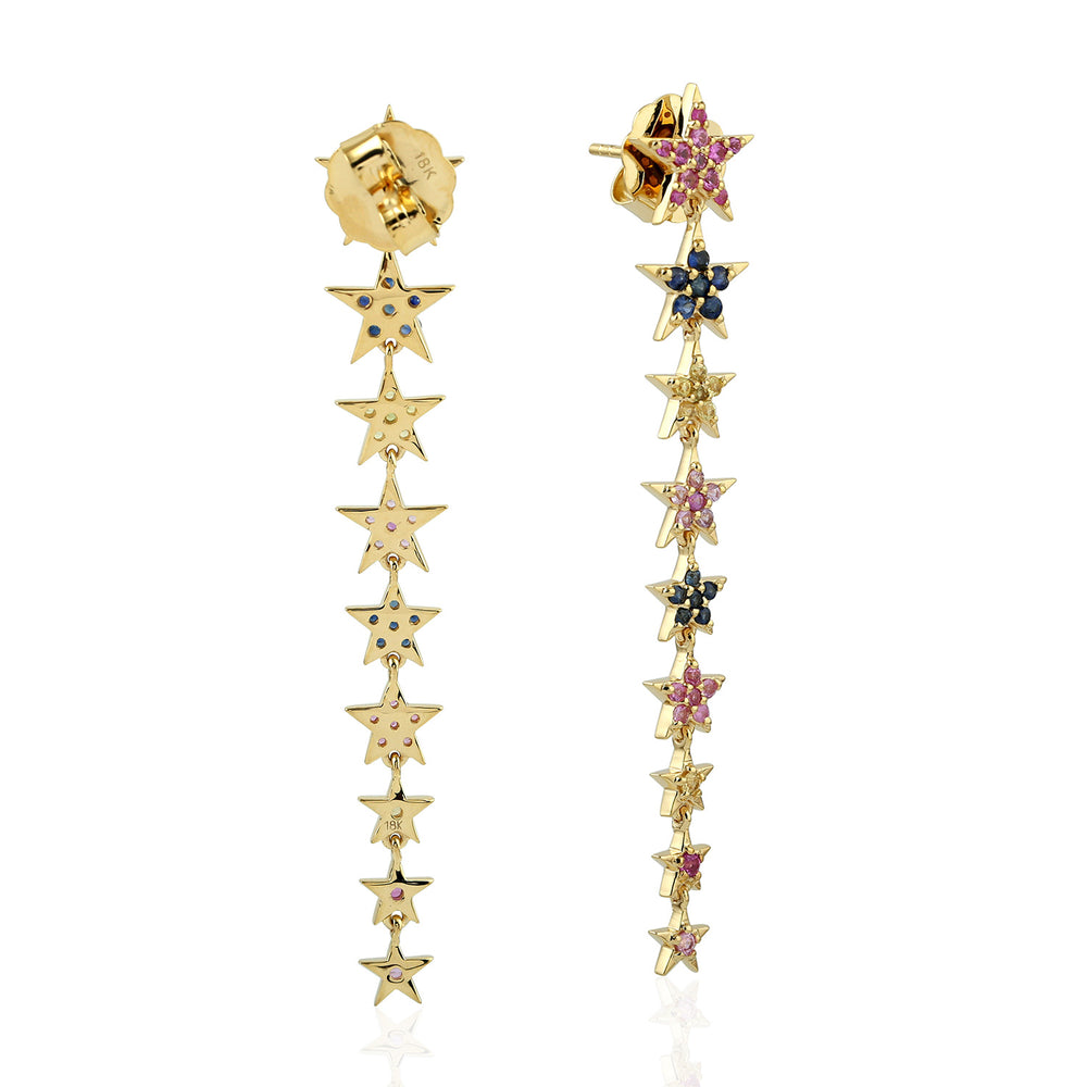 Multi Sapphire Gemstone Rainbow Star Long Drop Earrings In Yellow Gold