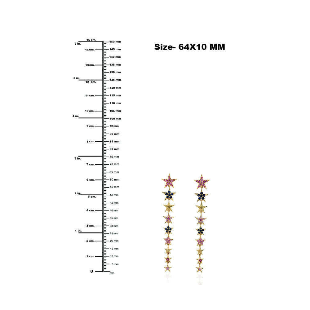 Multi Sapphire Gemstone Rainbow Star Long Drop Earrings In Yellow Gold