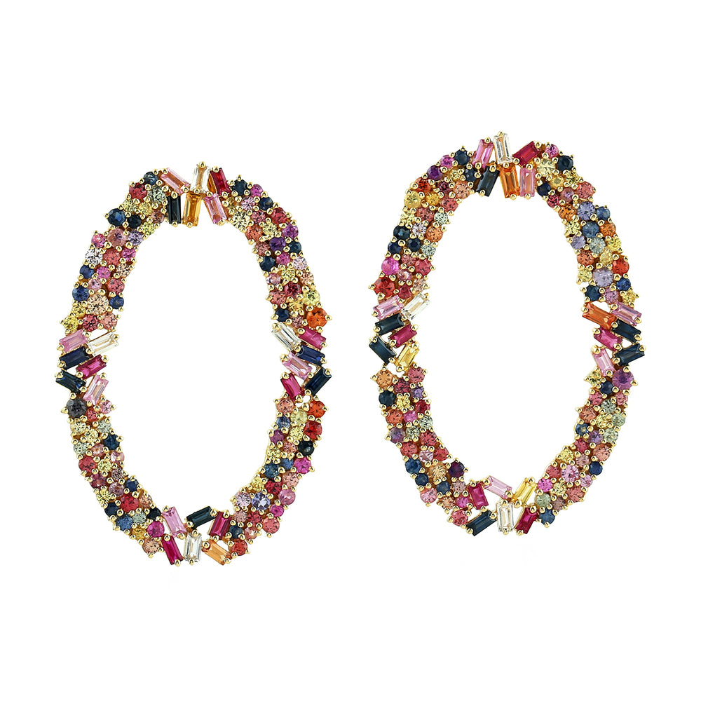 Multicolor Sapphire Gemstone Cluster Front Hoop Earrings in 18k Yellow Gold