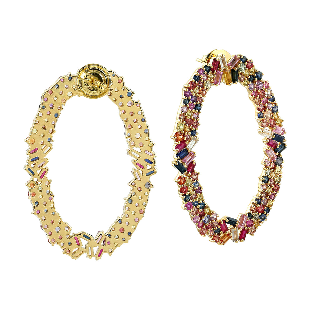 Multicolor Sapphire Gemstone Cluster Front Hoop Earrings in 18k Yellow Gold