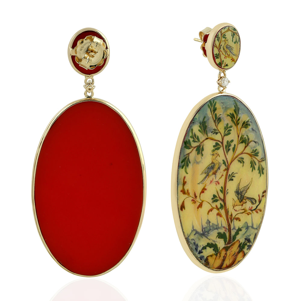 18K Yellow Gold Bezel Picture Bakelite Prong Diamond Oval Design Dangles