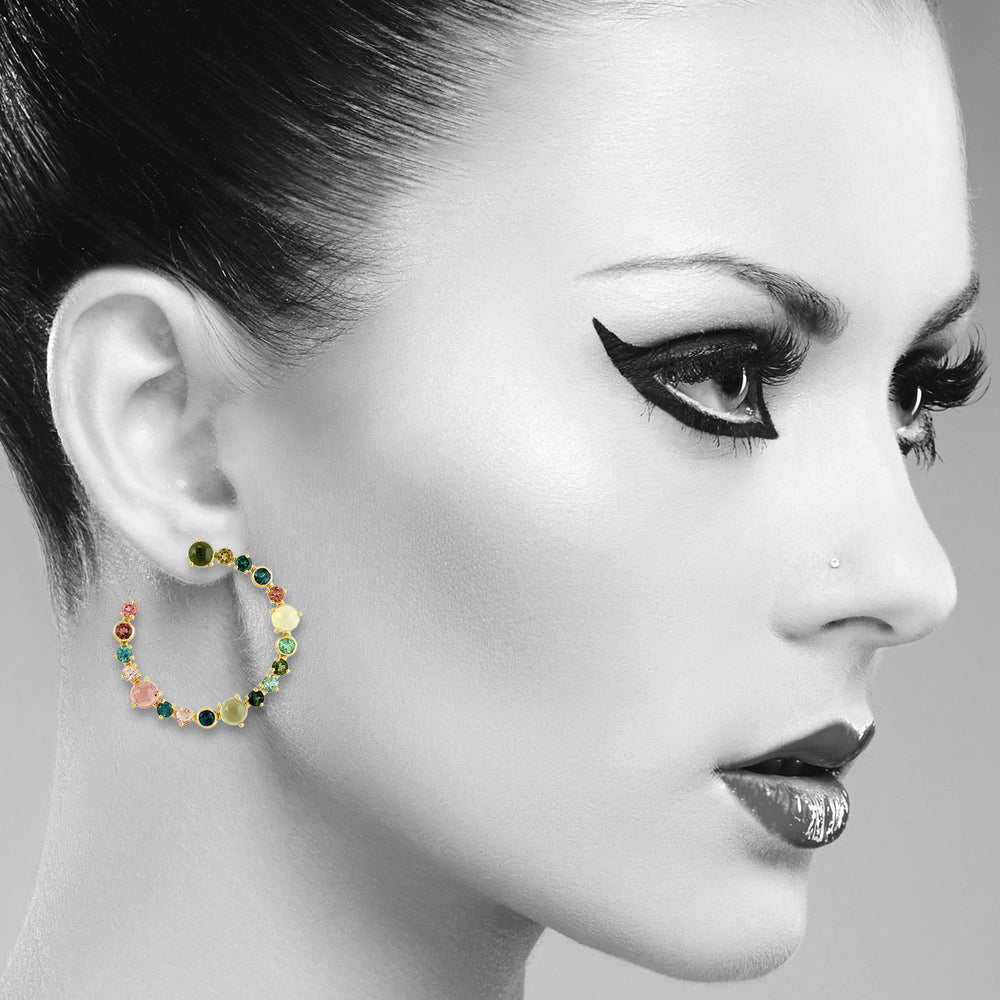 Multi Color Tourmaline Gemstone Stud Earrings In 18K Yellow Gold