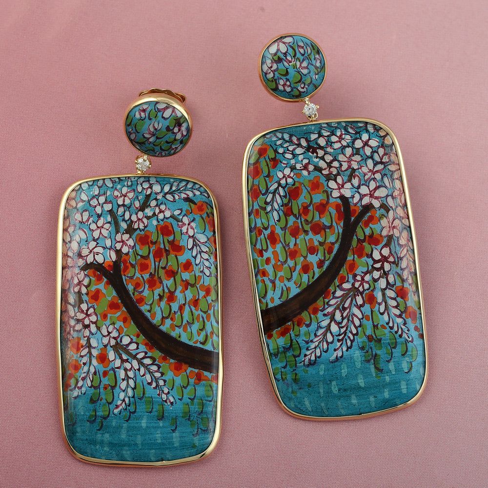 Mother Of Pearl Prong Diamond Enamel Dangle Earrings In 18k Yellow Gold