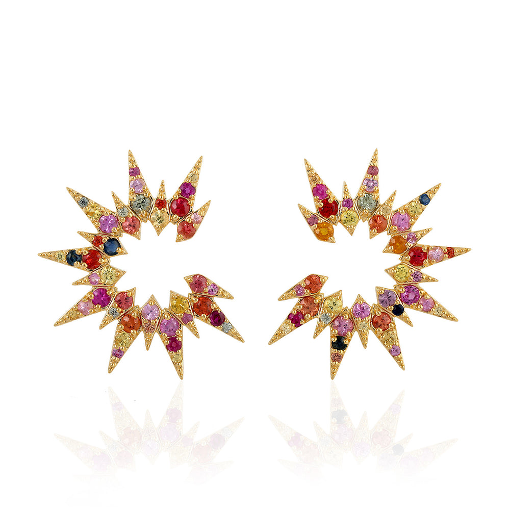 18K Yellow Gold Pave Multi Sapphire Gemstone Star Stud Earrings